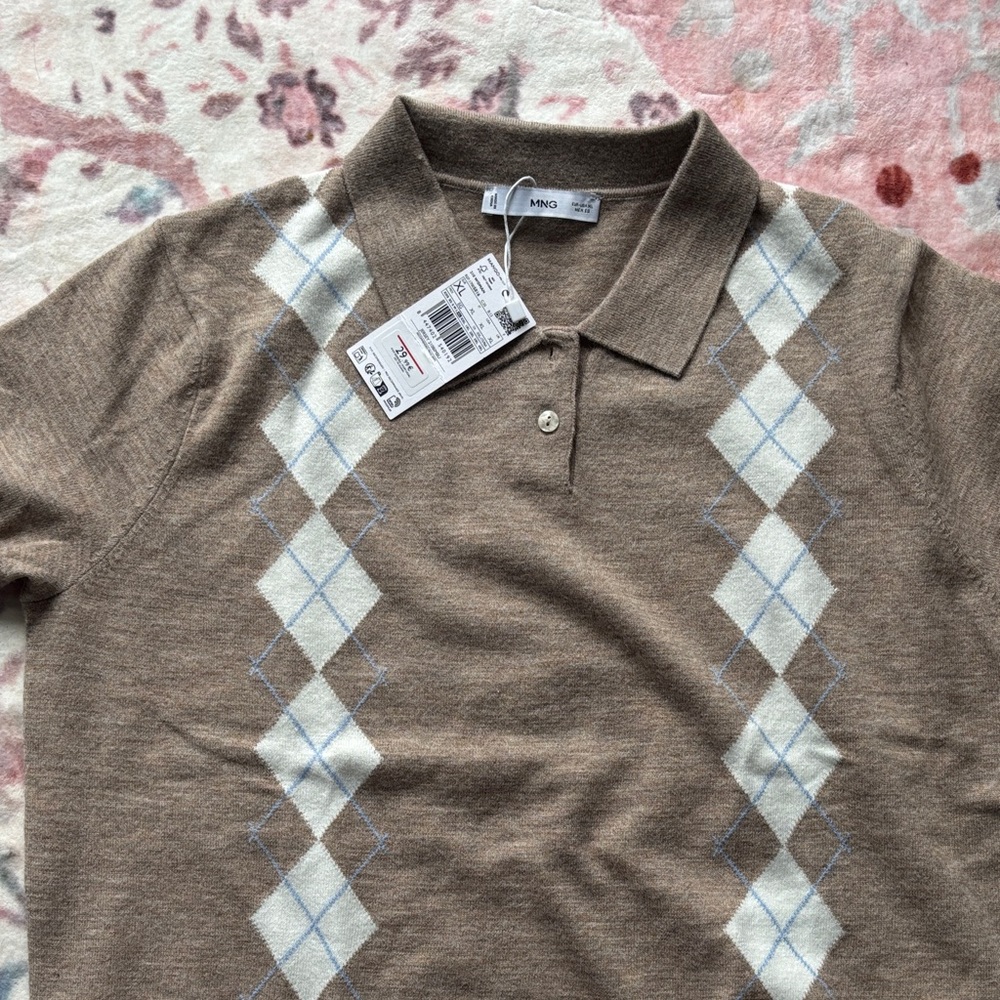 Mango Women’s NWT Brown Argyle Polo Shirt Size XL